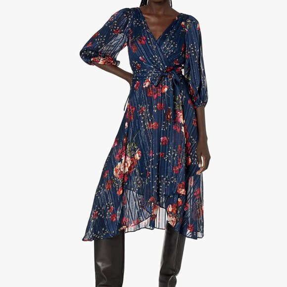 Dkny Dresses & Skirts - DKNY Women's Asymmetrical Hem Faux Wrap Floral Holiday Dress - Size 16